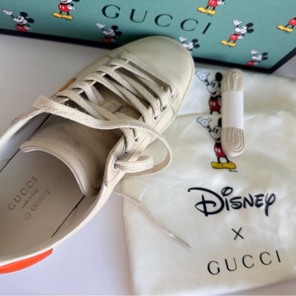 PRE - LOVED: Gucci Cream Leather Mickey Sneakers with Orange Heel - Picture 3 of 13